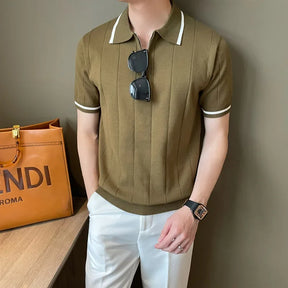 Camisa polo de malha de lapela masculina, blusa casual com meia zíper, manga curta, elegante e na moda, estilo coreano, verão, 2024