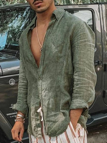 Camisa fina masculina de mangas compridas, cardigã de lapela, monocromática, moda casual, adequada para atividades ao ar livre