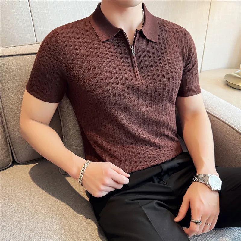 Camisa polo listrada de malha masculina manga curta 2025 verão novo sólido casual respirável luz macia fina casual t camisa roupas masculinas