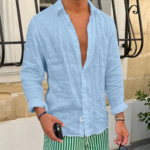 Primavera novas camisas de linho casuais dos homens manga longa botão-up turn-down colarinho camisa à beira-mar praia vintage masculino cor sólida cardigans