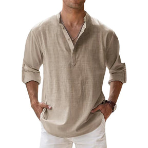 Novas camisas de linho de algodão para homens camisas casuais leves manga longa henley praia camisas havaianas para homem
