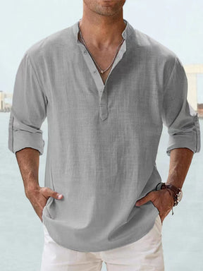 Novas camisas de linho de algodão para homens camisas casuais leves manga longa henley praia camisas havaianas para homem