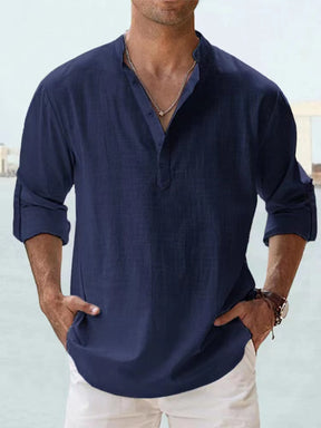 Novas camisas de linho de algodão para homens camisas casuais leves manga longa henley praia camisas havaianas para homem