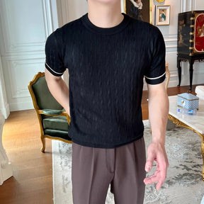 Moda masculina camiseta de malha estilo emagrecimento em torno do pescoço mangas curtas leve verão topos rosca camada base