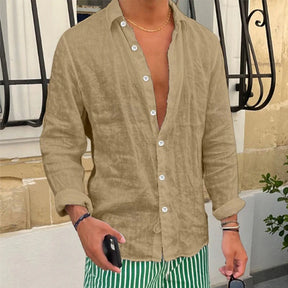 Primavera novas camisas de linho casuais dos homens manga longa botão-up turn-down colarinho camisa à beira-mar praia vintage masculino cor sólida cardigans