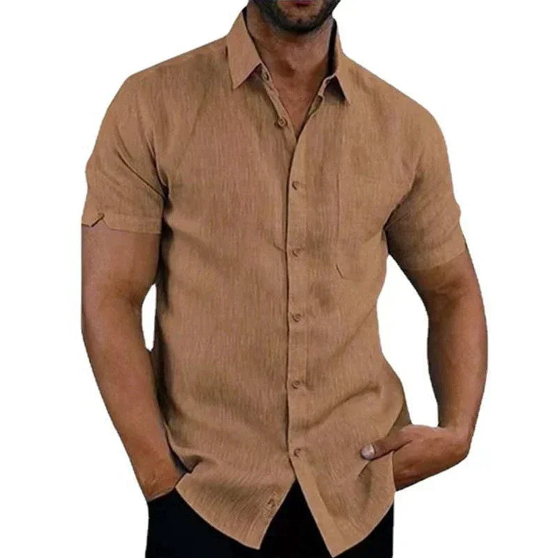 Camisas de linho de algodão de verão para homens casuais camisas de manga curta blusas sólidas gola virada para baixo camisas de praia formais roupas masculinas