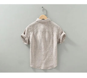 Camisas masculinas casuais de linho puro, monocromática, manga curta, tamanho grande, camisa de botões, na moda