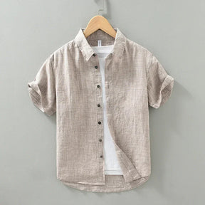 Camisas masculinas casuais de linho puro, monocromática, manga curta, tamanho grande, camisa de botões, na moda