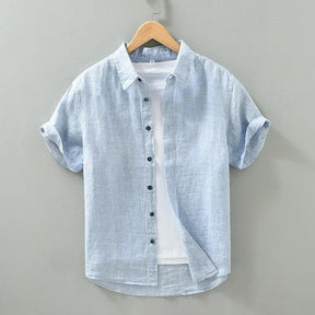 Camisas masculinas casuais de linho puro, monocromática, manga curta, tamanho grande, camisa de botões, na moda