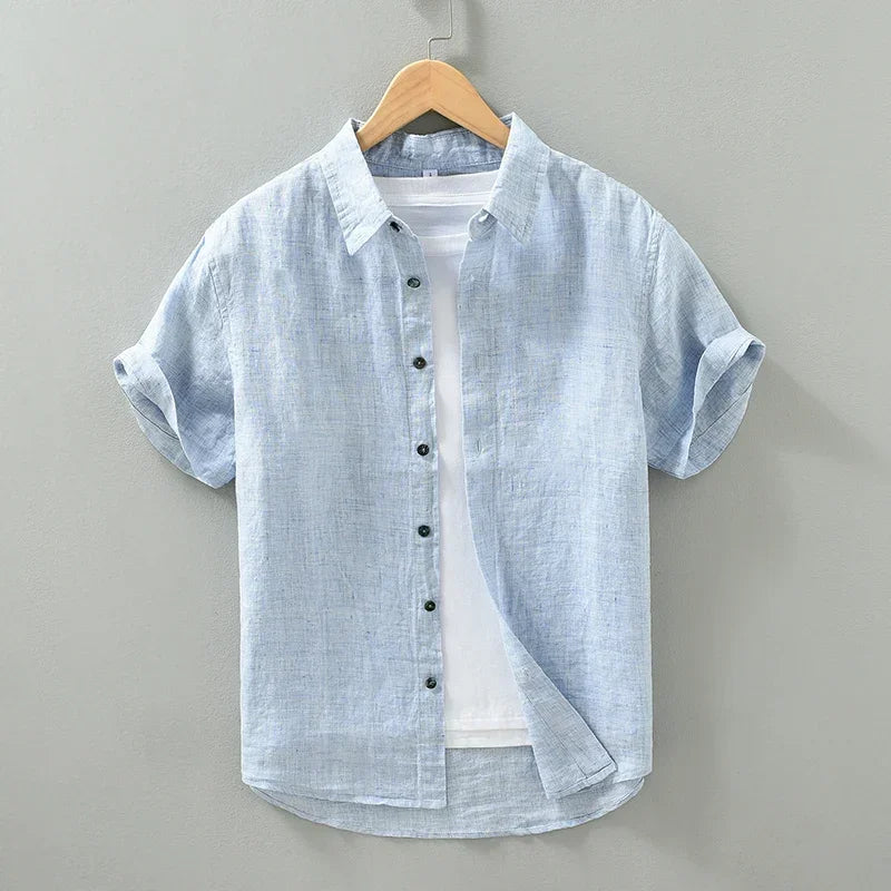 Camisas masculinas casuais de linho puro, monocromática, manga curta, tamanho grande, camisa de botões, na moda
