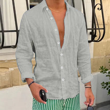 Primavera novas camisas de linho casuais dos homens manga longa botão-up turn-down colarinho camisa à beira-mar praia vintage masculino cor sólida cardigans