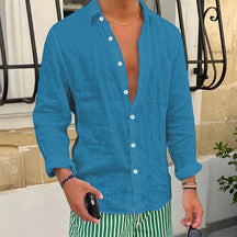 Primavera novas camisas de linho casuais dos homens manga longa botão-up turn-down colarinho camisa à beira-mar praia vintage masculino cor sólida cardigans