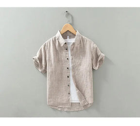 Camisas masculinas casuais de linho puro, monocromática, manga curta, tamanho grande, camisa de botões, na moda