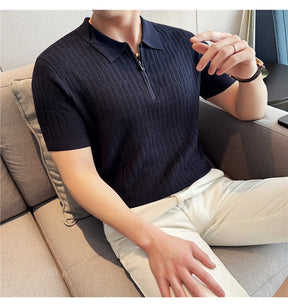 Camisa polo listrada de malha masculina manga curta 2025 verão novo sólido casual respirável luz macia fina casual t camisa roupas masculinas
