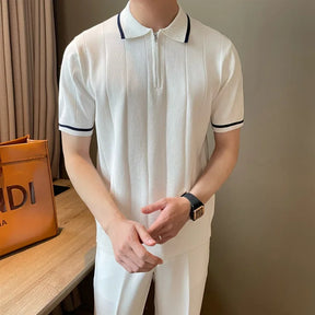 Camisa polo de malha de lapela masculina, blusa casual com meia zíper, manga curta, elegante e na moda, estilo coreano, verão, 2024