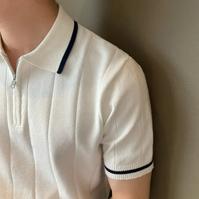 Camisa polo de malha de lapela masculina, blusa casual com meia zíper, manga curta, elegante e na moda, estilo coreano, verão, 2024