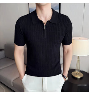 Camisa polo listrada de malha masculina manga curta 2025 verão novo sólido casual respirável luz macia fina casual t camisa roupas masculinas