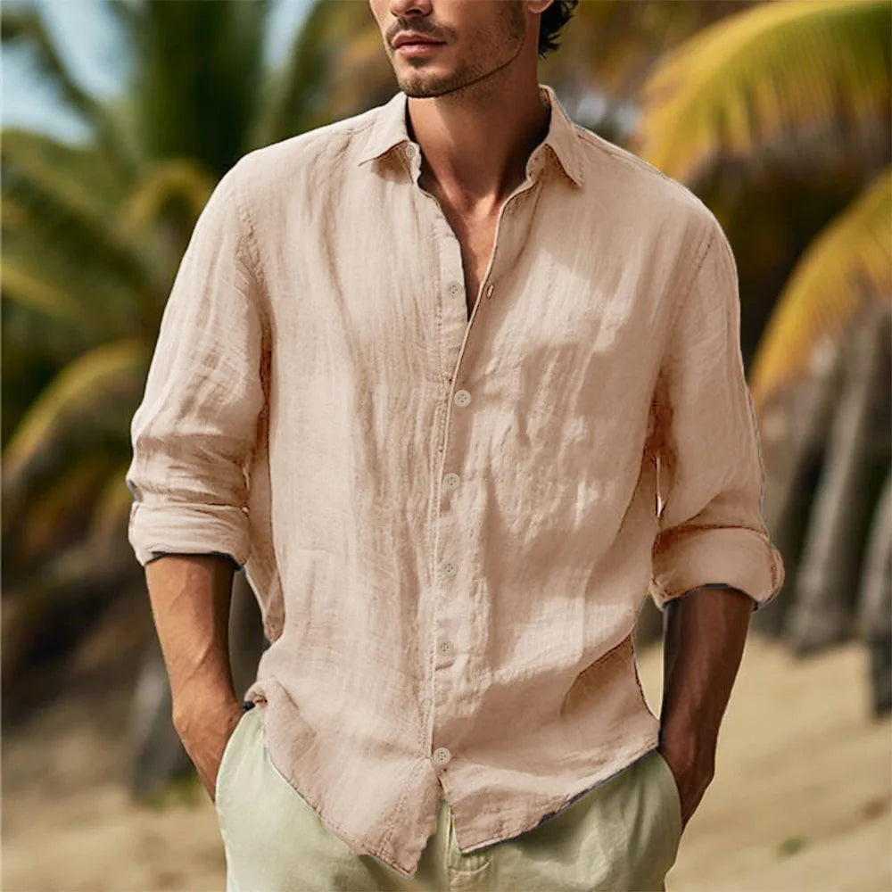 Camisa Masculina de Linho e Algodão com Gola Elegante