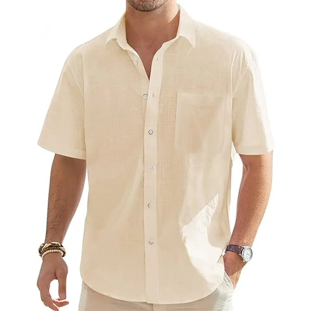 Camisas masculinas de manga curta de linho de algodão de cor sólida férias praia verão tops com bolso casual camisas de botão leves