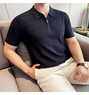 Camisa polo listrada de malha masculina manga curta 2025 verão novo sólido casual respirável luz macia fina casual t camisa roupas masculinas