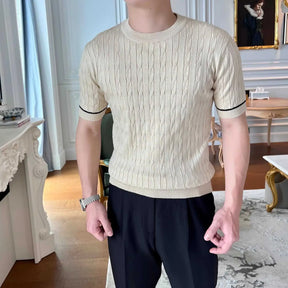 Moda masculina camiseta de malha estilo emagrecimento em torno do pescoço mangas curtas leve verão topos rosca camada base