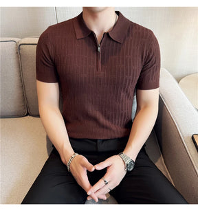Camisa polo listrada de malha masculina manga curta 2025 verão novo sólido casual respirável luz macia fina casual t camisa roupas masculinas
