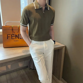 Camisa polo de malha de lapela masculina, blusa casual com meia zíper, manga curta, elegante e na moda, estilo coreano, verão, 2024