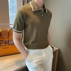 Camisa polo de malha de lapela masculina, blusa casual com meia zíper, manga curta, elegante e na moda, estilo coreano, verão, 2024