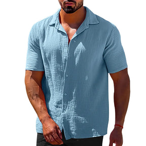 Camisa masculina de linho de algodão de manga curta, monocromática, gola virada para baixo, blusa casual de peito único masculina, tops de verão