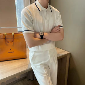 Camisa polo de malha de lapela masculina, blusa casual com meia zíper, manga curta, elegante e na moda, estilo coreano, verão, 2024