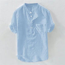 Camiseta Havaiana Masculina, Henley Decote V, Manga Curta, Top de Bolso, Cor Sólida, Camisa da Moda 100% Algodão e Linho