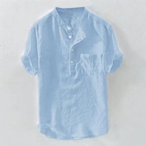 Camiseta Havaiana Masculina, Henley Decote V, Manga Curta, Top de Bolso, Cor Sólida, Camisa da Moda 100% Algodão e Linho