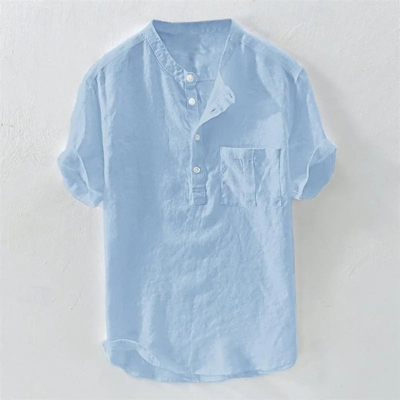 Camiseta Havaiana Masculina, Henley Decote V, Manga Curta, Top de Bolso, Cor Sólida, Camisa da Moda 100% Algodão e Linho